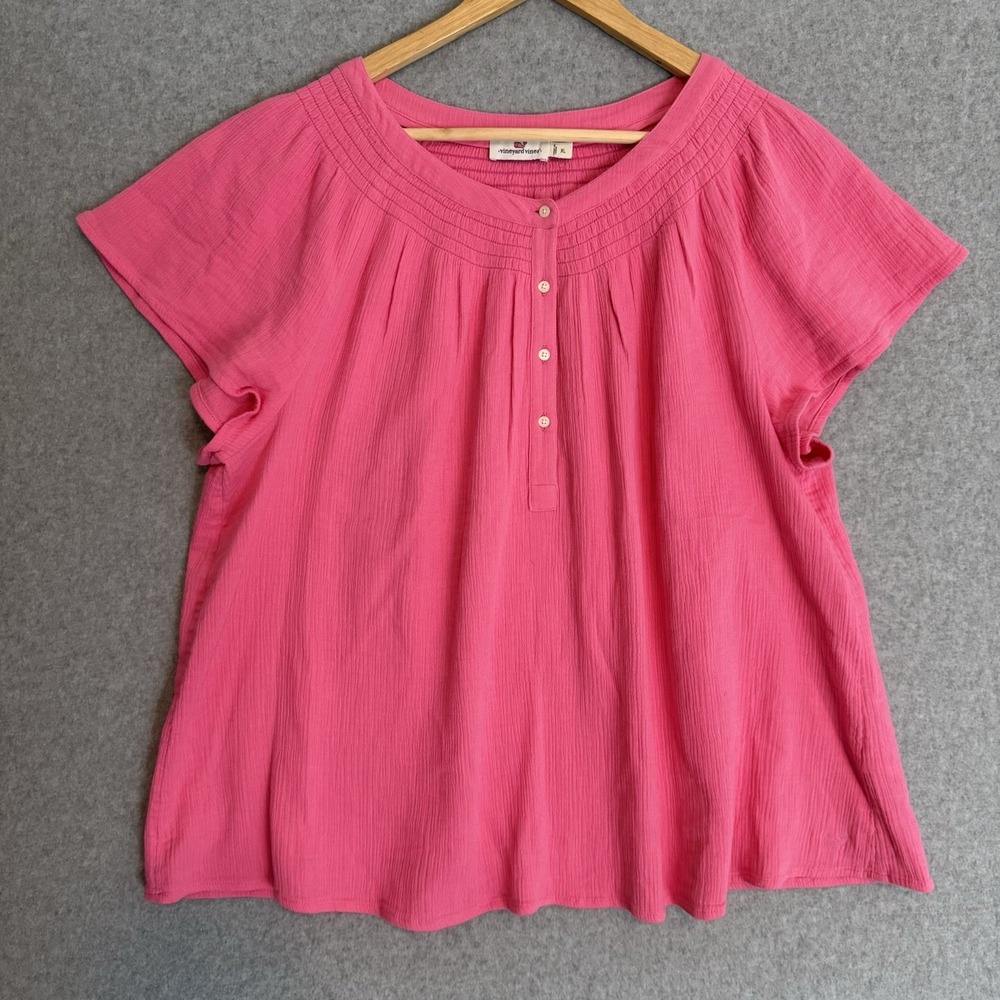 Vineyard Vines Pink Double Gauze Flutter Sleeve Smocked Top Blouse XL